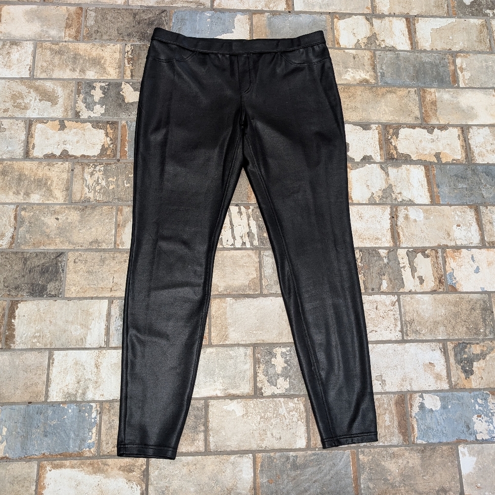 Hue Large Black Faux Leather Moto Leggings Pants Elastic Waist Stretch L